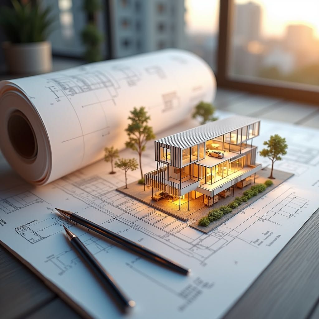Maquete de um edifício residencial sobre pranchas de projeto, com dois lápis ao lado